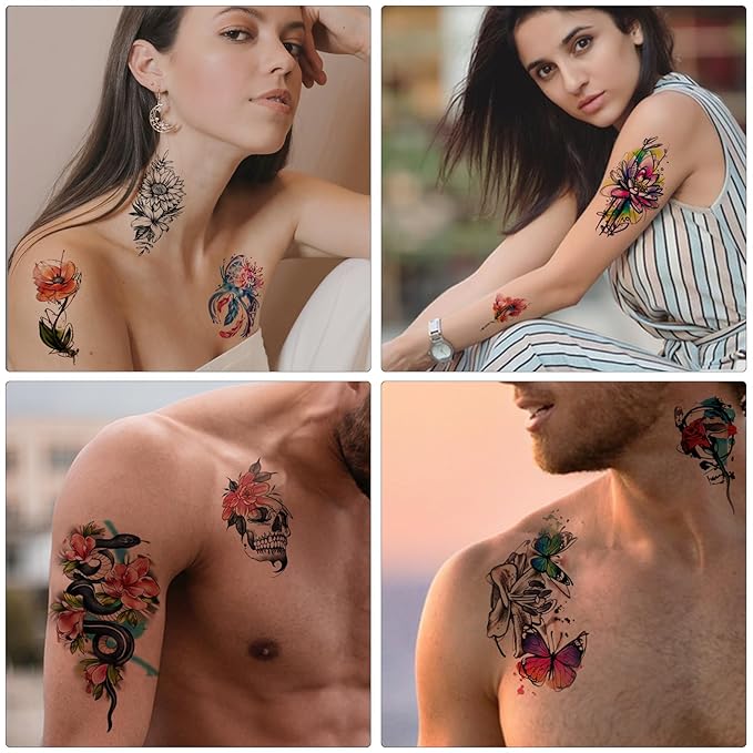 77 Sheets Flowers Temporary Tattoo, 17 Sheets Half Arm Rose Butterfly Snake Skull Fake Tattoos for Adults Arm Neck, 60 Sheets Tiny Realistic Temporary Tattoos Waterproof for Women Girls and Kids