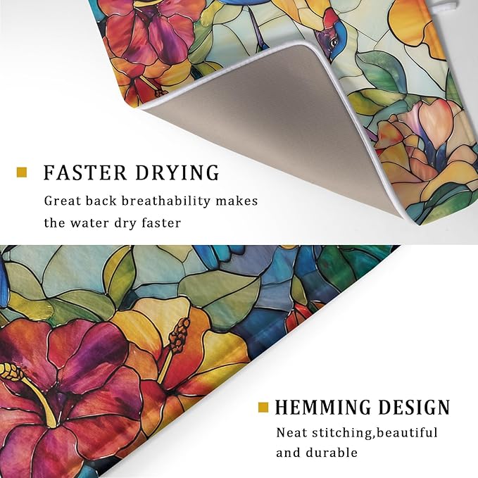 Spring Summer Dish Drying Mat for Kitchen Counter Hummingbird Microfiber
