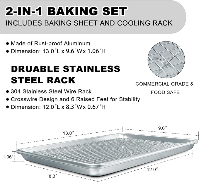 Half Sheet Pans with Rack Set, 13 Inch Commercial Quality Baking Sheet Pan Set