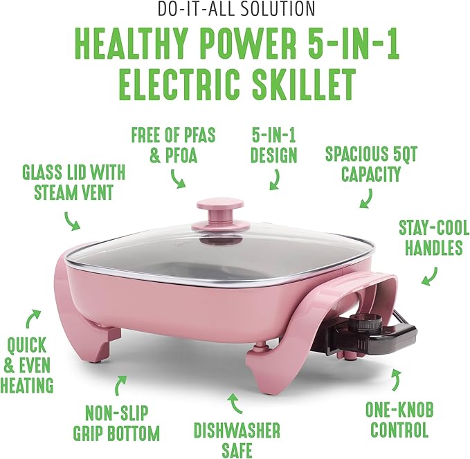 GreenLife12" 5QT Square Electric Skillet, Glass Vented Lid, Ceramic PFAS-Free