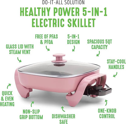 GreenLife12" 5QT Square Electric Skillet, Glass Vented Lid, Ceramic PFAS-Free