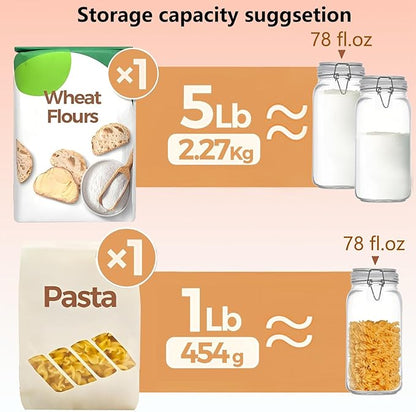 78oz Square Glass Food Storage Jars Storage Container with Clear Preserving Seal Wire Clip Fastening for Kitchen Canning Flour, Cereal, Pasta, Sugar, Beans