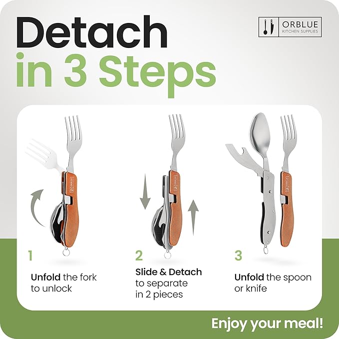 Orblue 4-in-1 Camping Eating Utensils, 2-Pack - Portable Spoon, Fork, Knife & Bottle Opener Combo Set - Stainless Steel Flatware with Detachable Fork - Travel, Backpacking Cutlery Multitool, Orange