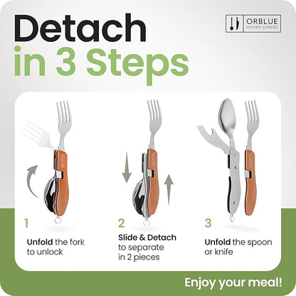 Orblue 4-in-1 Camping Eating Utensils, 2-Pack - Portable Spoon, Fork, Knife & Bottle Opener Combo Set - Stainless Steel Flatware with Detachable Fork - Travel, Backpacking Cutlery Multitool, Orange