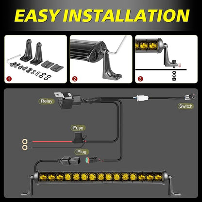 20 Inch Amber Light Bar 105W OSRAM LED Slim Single Row Light Kit w/Wiring Harness Black Cover Spot Flood Combo Off Road Driving Bumper Grill Lights for Trucks Pickup SUV UTV ATV Snowmobile