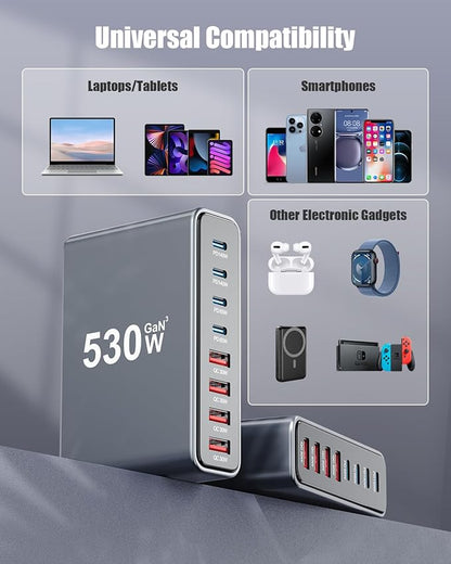 530W USB C Charger Block, 8-Port USB C Charging Station GaN IV Travel