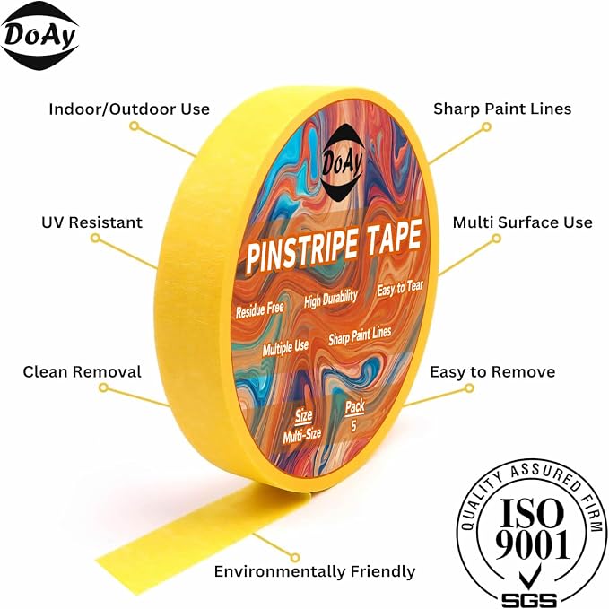 5 Rolls Pinstripe Tape - Masking Tape 1/16", 1/8", 1/4", 1/2", 3/4" - Thin Painters Masking Automotive Tape for DIY, Car, Auto, Paint, Art, Tumblers (Yellow)