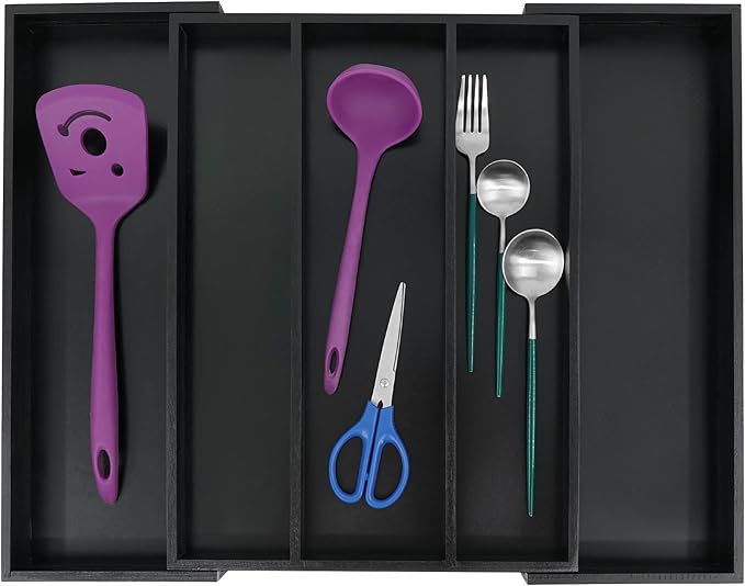 Utoplike Bamboo Drawer Organizer Kitchen Utensils, Adjustable Black Silverware