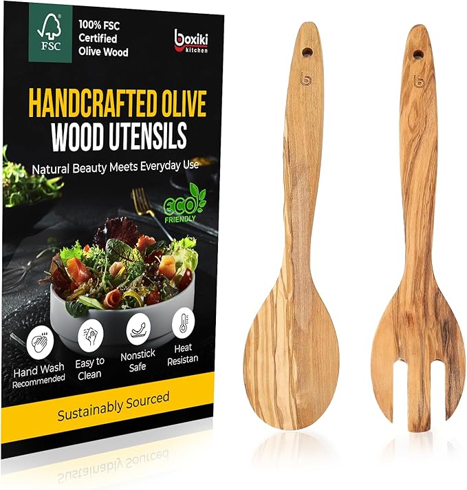 Olive Wood Utensil Set of 2 PCS – Handcrafted Wooden Spoon & Spatula – Natural