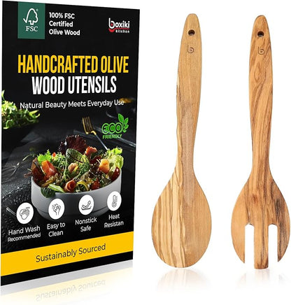 Olive Wood Utensil Set of 2 PCS – Handcrafted Wooden Spoon & Spatula – Natural