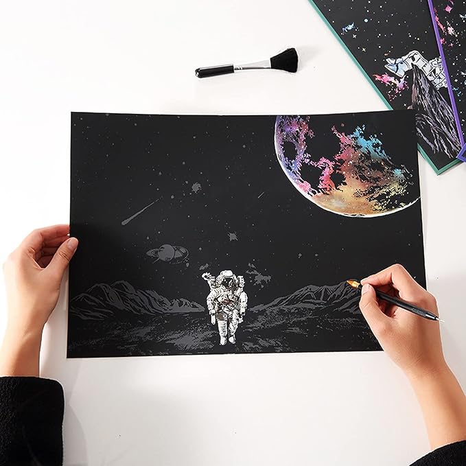 3 Pack Scratch Art Paper Set (16"x11.2") Space Series Series Creative Rainbow Sketches Engraving Craft Kit for Kids & Adults - Cosmos, Astronauts, Starry Sky Painting - 5 Tools: Drawing Pens, Brush