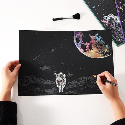 3 Pack Scratch Art Paper Set (16"x11.2") Space Series Series Creative Rainbow Sketches Engraving Craft Kit for Kids & Adults - Cosmos, Astronauts, Starry Sky Painting - 5 Tools: Drawing Pens, Brush
