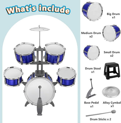 Kids Drum Set 5 Piece Toddlers Jazz Drum Kit with Stool Musical Instrument Toys for 3 4 5 6 7 Year Old Boys Girls Birthday Gift