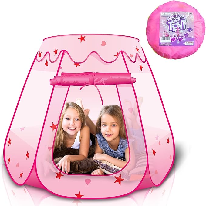 ArtCreativity Pop Up Princess Tent, Kids Playhouse Tent with a Carry Bag, Foldable Pink Princess Ball Pit for Girls 1,2 3,4 Year Old Birthday, Indoor & Outdoor Play House for Kids