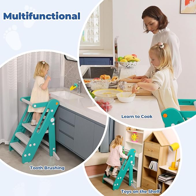 Onasti Toddler Tower Kitchen Stool Helper, Foldable & Adjustable Height Kids Learning Stool for Kitchen Counter Bathroom Sink, Child Ladder for Toddlers with Handles, Safty Rail, Non-Slip Pads - Green