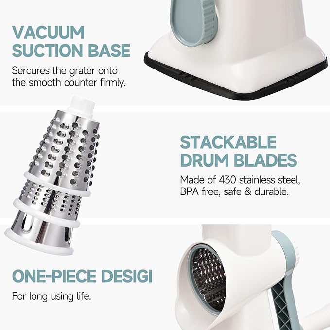 Rotary Cheese Grater with Handle Kitchen Shredder Slicer Grater Slicer Ice Shaver Cheese Vegetable Nuts Potato Zucchini Chocolate 3 Interchangeable Blades (WhiteBlue)