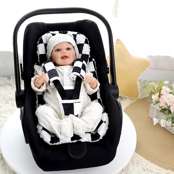 DILIMI Infant Car Seat Insert, Baby Car Seat Head Support with 3 Strap Paddings, Soft Newborn Car Seat Cushion for Stroller, Swing, Bouncers, Black Checkered