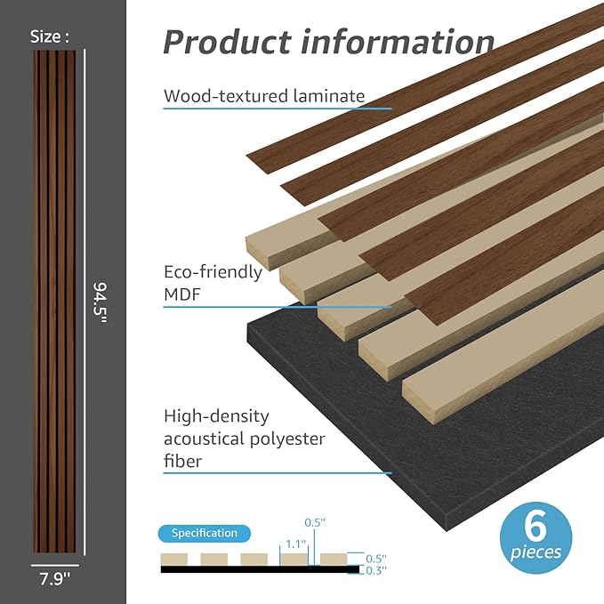 Art3d 6-Pack Acoustic Wood Slat Wall Panels