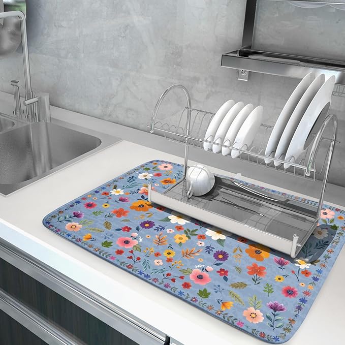 Colorful Flower Dish Drying Mat