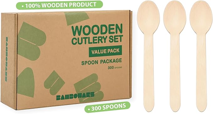 Wooden Spoons 300 Pieces | Natural Birch Wood Disposable Spoons | Biodegradable