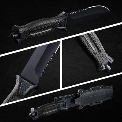 10" Fixed Blade Tactical Knives with Sheath and Clip, Stainless Steel Survival Hunting Bushcraft Full Tang Non-Slip Handle Knife for Camping, Hunting, Adventure, Outdoors, EDC, Black