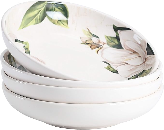 Bico Magnolia Floral Pasta Bowls, 35oz Salad Bowl Set of 4, Large Ceramic Serving Dinner Bowls for Soup and Cereal, Microwave and Dishwasher Safe, Gift for Housewarming and Thanksgiving