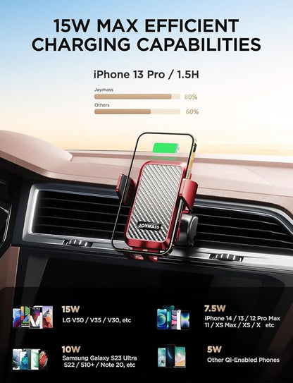 JOYMASS Wireless Car Charger, 15W Fast Charging Auto Clamping Car Charger Cell Phone Holder Mount Vent for iPhone 15 14 13 12 Mini Pro Max 11 XR, Samsung Galaxy S23 Ultra S22 S21+ Note 20, etc - Red