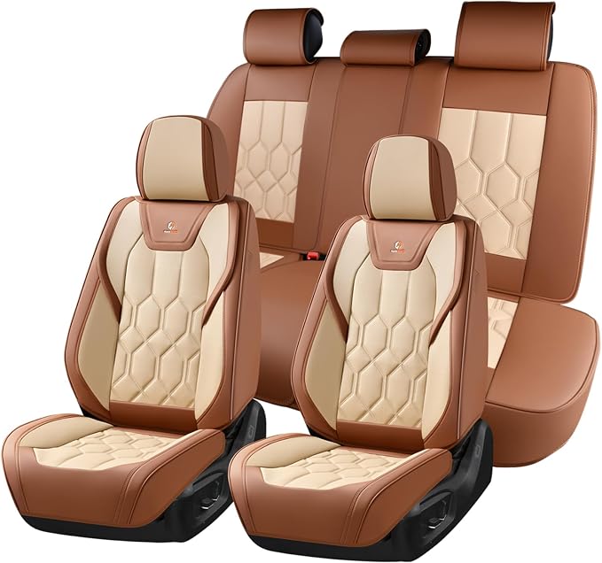 Huidasource Seat Covers Full Set, Universal Fit for Most Cars SUVs Trucks, Full Coverage Leather Seat Cover, Airbag, Cupholder Compatible, Seat Function Retain, Easy Install with Velcro, Brown&Beige