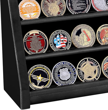 4 Rows Wooden Military Challenge Coin Display Case Wall Mount - Army Coin Collectibles Holder Display Stand Rack, Black