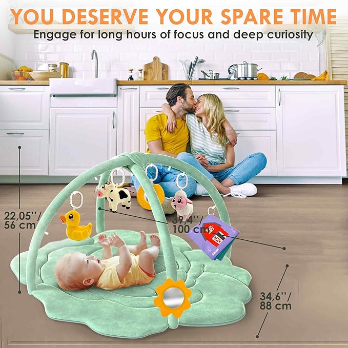 QUOKKA Baby Play Gym XL – Cabbage-Shaped Baby Play Mat with 6 Large Sensory Toys – Tummy Time Mat for Infant Development – Machine Washable Newborn Essentials Must Haves – Gender Neutral Gift Items