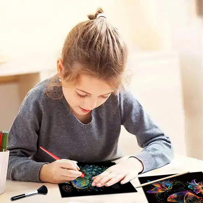 Georgie Porgy Scratch Paper Art Set for Kids Adults Magic Rainbow Scratchboards for DIY Arts and Crafts Kits Christmas Birthday Gift with Scratching Tools Kit (A4-Noctilucent Butterfly + Peacock)
