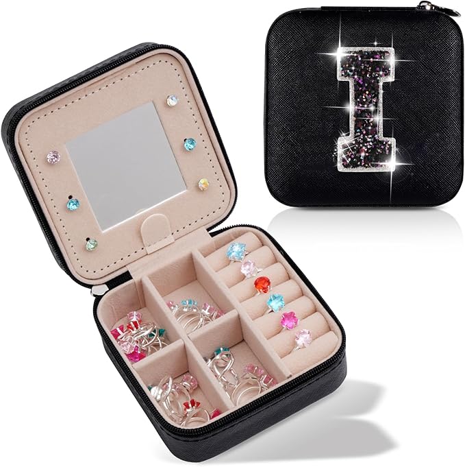 Personalized Jewelry Case for Women Girls - Fashion Mini Jewelry Boxes - Trendy Travel Jewelry Organizer with Initials Letter - Teen Gifts | Black,I