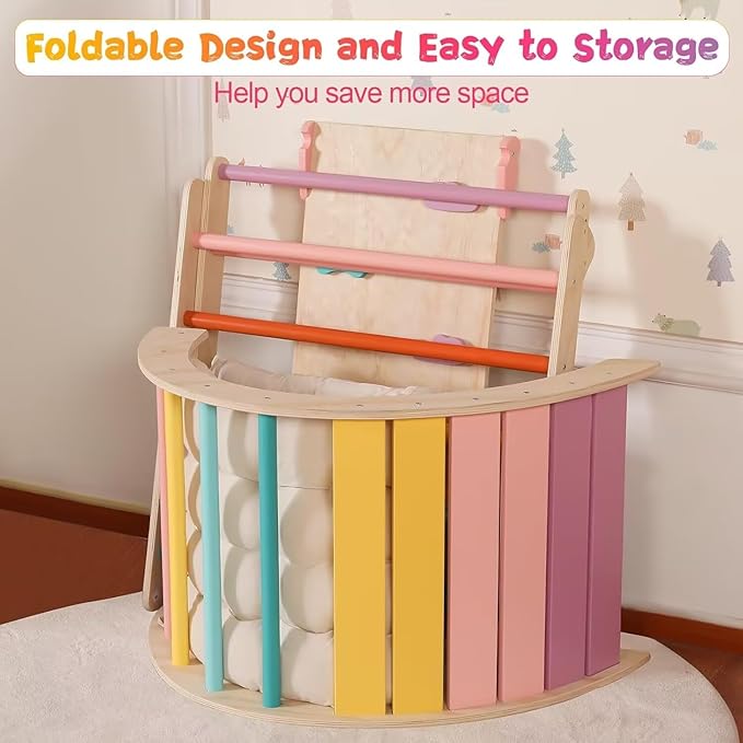 Pikler Triangle Set with Cushion Large, 5 in 1 Toddler Climbing Toys Indoor, Montessori Foldable Climbing Set for Kids, Wooden Playground Jungle Gym with Ramp, Arch and Ladder (Color-B)