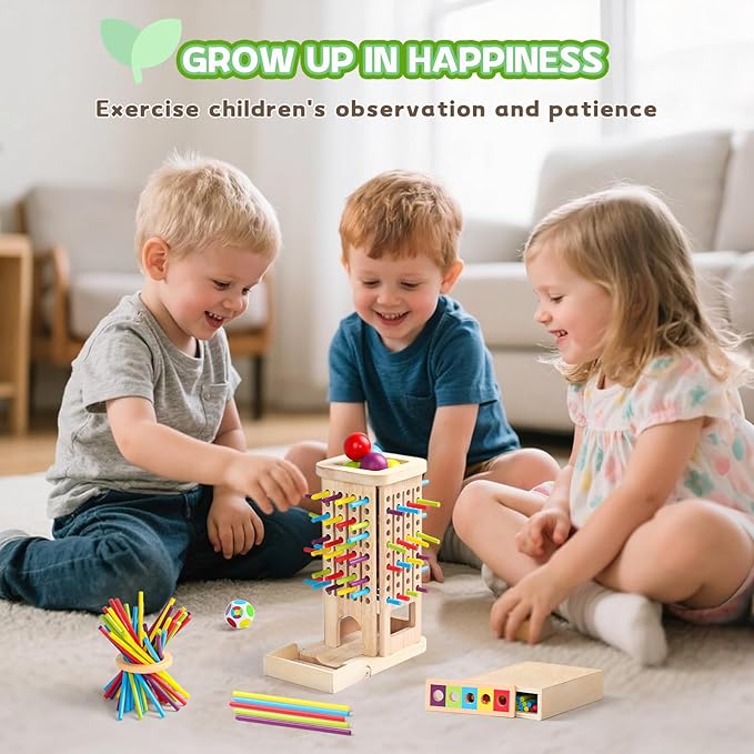 Montessori Toys for 3 Year Old Fine Motor Skills Toys for 5 Year Old Wooden Board Game - Educational Toys with Colorful Sticks, Dice & Stones, Family Game Gifts for Age 4 5 6 7 8 Boys Girls