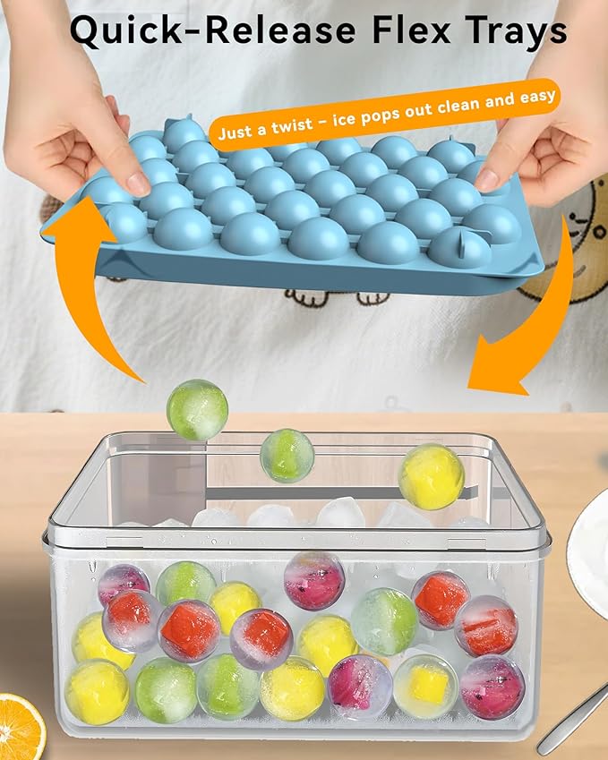 Ice Cube Trays with Lid and Bin, BPA-Free Mini 0.75 Inch Sphere Ice Molds