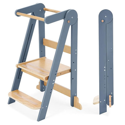 Nordi Foldable Toddler Kitchen Tower, Montessori Kitchen Stools Helper, Standing Tower with 3 Adjustable Heights, Suitable Age for 2-6 Years, Grey