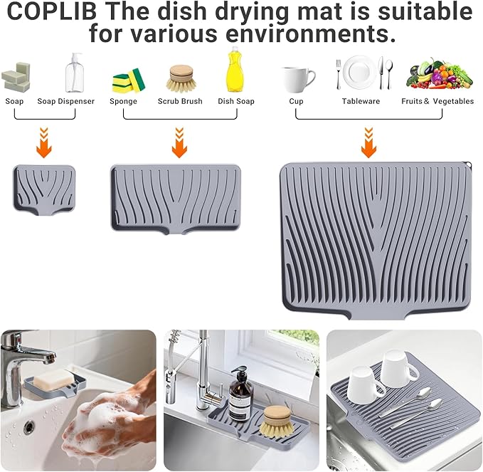 Silicone Dish Drying Mat for Kitchen Counter, Dish Drying Pad, Non-Slip Drain