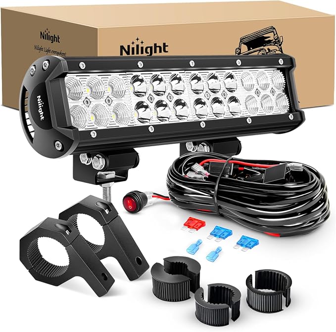 Nilight 12 Inch 72W LED Light Bars Spot Flood Combo Off-Road Light Mounting Bracket Horizontal Bar Tube Clamp With Off Road Wiring Harness, 2 Years Warranty