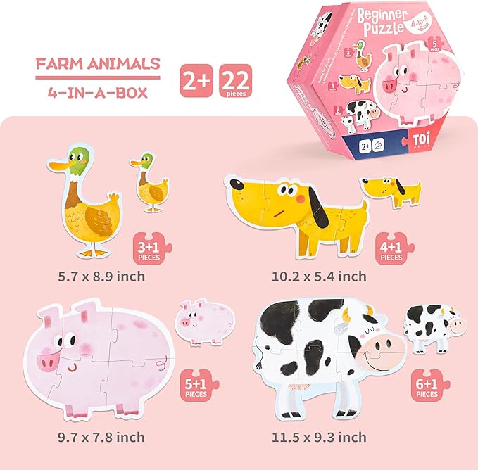 TOI Large Piece Toddler Puzzles for 2-4 Years Old, 4 Packs Beginner Puzzles for Toddlers, Kids Big Shape Preschool Learning Puzzle for Boys Girls Gift, Farm Animals