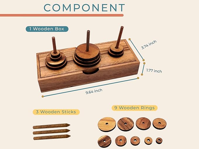BSIRI Fun Puzzle Board Games Gifts of Hanoi Tower (9 Rings) with Wooden Designs for Brain Teasers Logic Games Kids and Adults to Challenges Mastermind Game and Think for Fun Learning Tower Puzzles