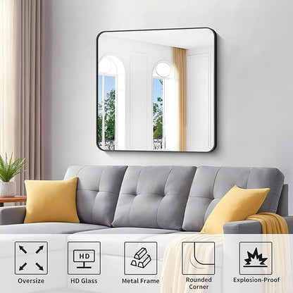 Black Bathroom Mirrors for Wall, Rounded Corner Metal Frame Wall Mirror