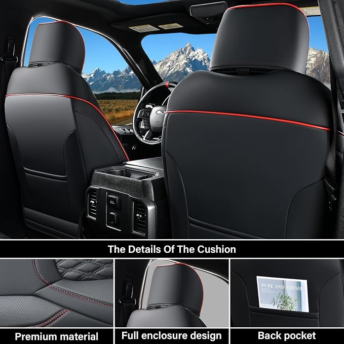 Coverado Car Seat Covers Full Set, Seat Covers for Dodge RAM 1500 Compatible with 2009-2018 Ram 1500, 2010-2024 Ram 2500 3500 Dodge RAM Accessories Automotive Seat Covers (Red line)
