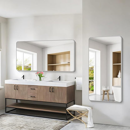 55x30 Inch Silver Bathroom Mirror, Large Rectangular Vanity Mirror, Metal