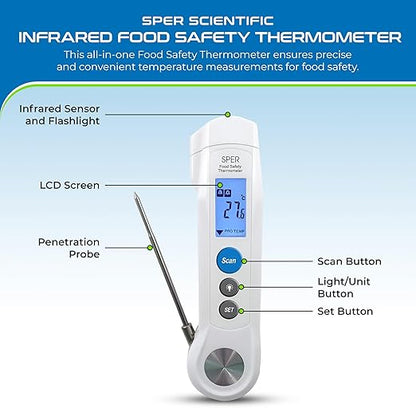 Sper Scientific Dual Function Infrared & Probe Food Safety Thermometer 800115 - Non-Contact Infrared Surface Temperature & Foldable Probe for Internal Temps, Fast & Accurate for Kitchens & more - 4 pc