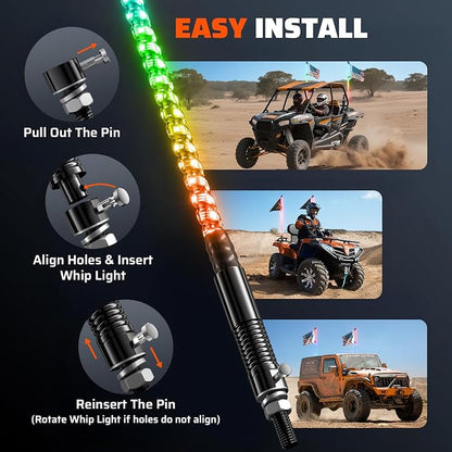 Ehaho 2 PCS 6FT Whip Lights with Spring Base, APP & Remote Control Led Whip Lights for Side by Side, Spiral RGB Chasing Lighted Whips with Rocker Switch, Music Led Whips for UTV ATV RZR SXS Can-Am