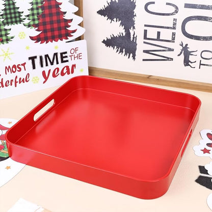 Square Red Decorative Serving Tray with Handles, Versatile Ottoman Tray for Coffee Table, Entertaining, Outdoor Patio, Living Room, 13”*13”*1.6”