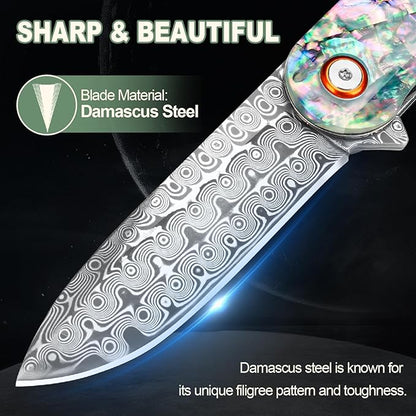 Damascus Pocket Knife with Sheath 2.95" Damascus Steel Blade Folding Knife with Abalone Shell Handle EDC Pocket Knives for Men Women Outdoor Indoor Camping