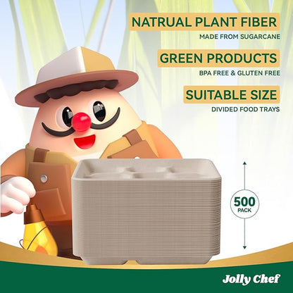 JOLLY CHEF Compostable 𝟱 Compartment Paper Plates 10*8.25*1 𝗶𝗻𝗰𝗵 [𝟱𝟬𝟬 𝗣𝗮𝗰𝗸] Small Heavy Duty Divided Disposable Eco-Friendly Biodegradable Food Trays for School Thanksgiving Day(Brown)