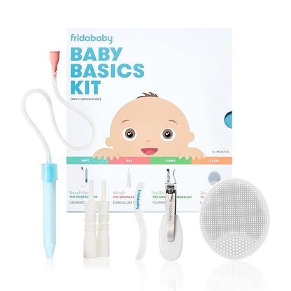 Frida Baby Basics Kit, 6pc Baby Essentials Kit Includes Nasal Aspirator Snotsucker, NailFrida Nail Files, Windi Gas Relief, DermaFrida Bath Brush + Silicone Carry Case