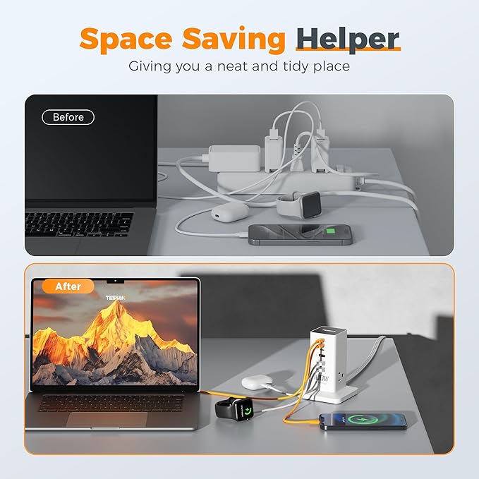 Charging Station PD 100W, TESSAN 9-in-1 USB C Power Strip